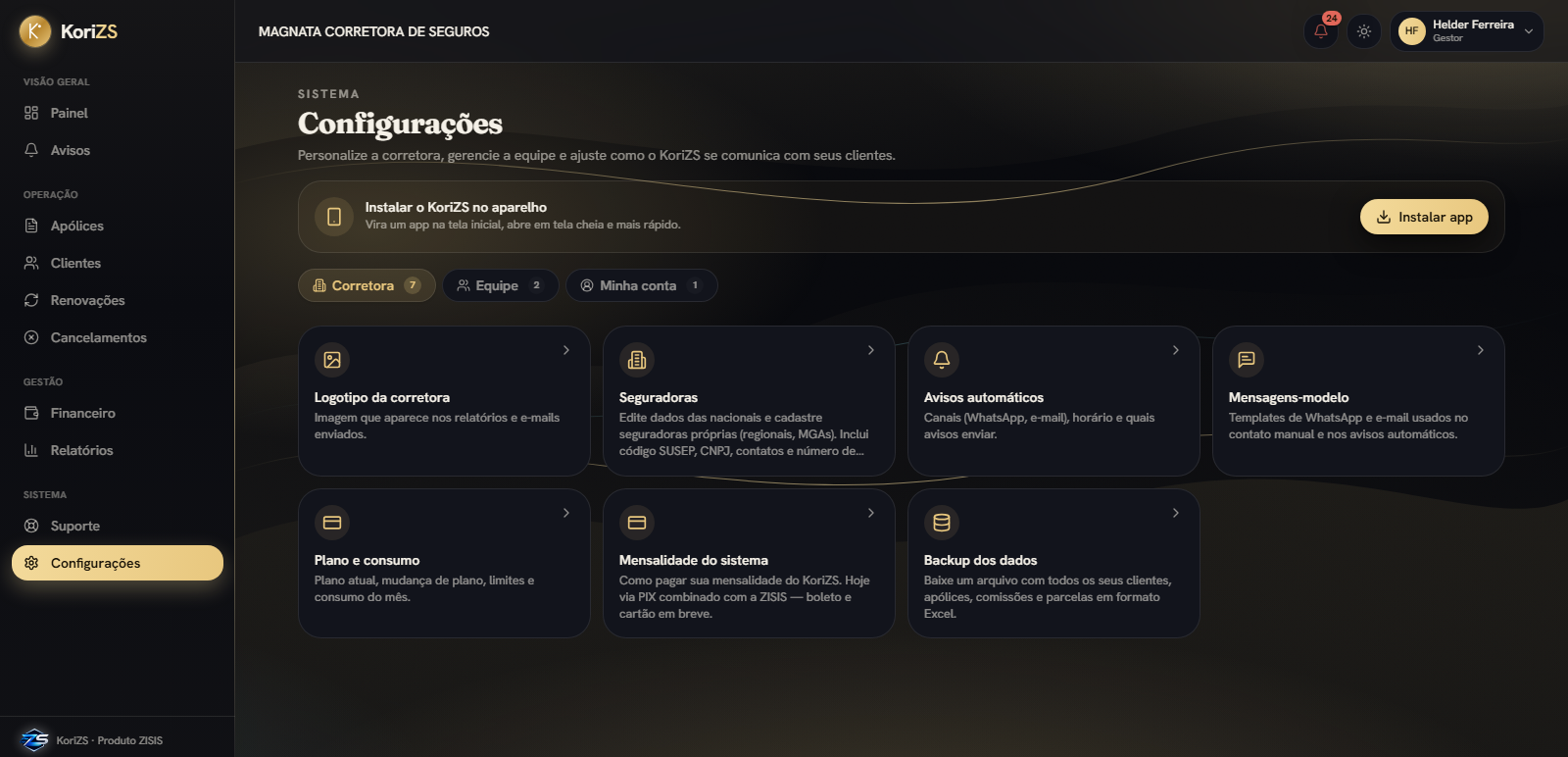 Configurações no KoriZS